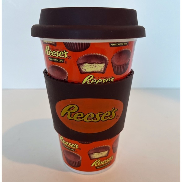 Reese’s Peanut Butter Cup 3-piece Travel Mug Set  Silicone Lid and Mug Wrap - Picture 1 of 11